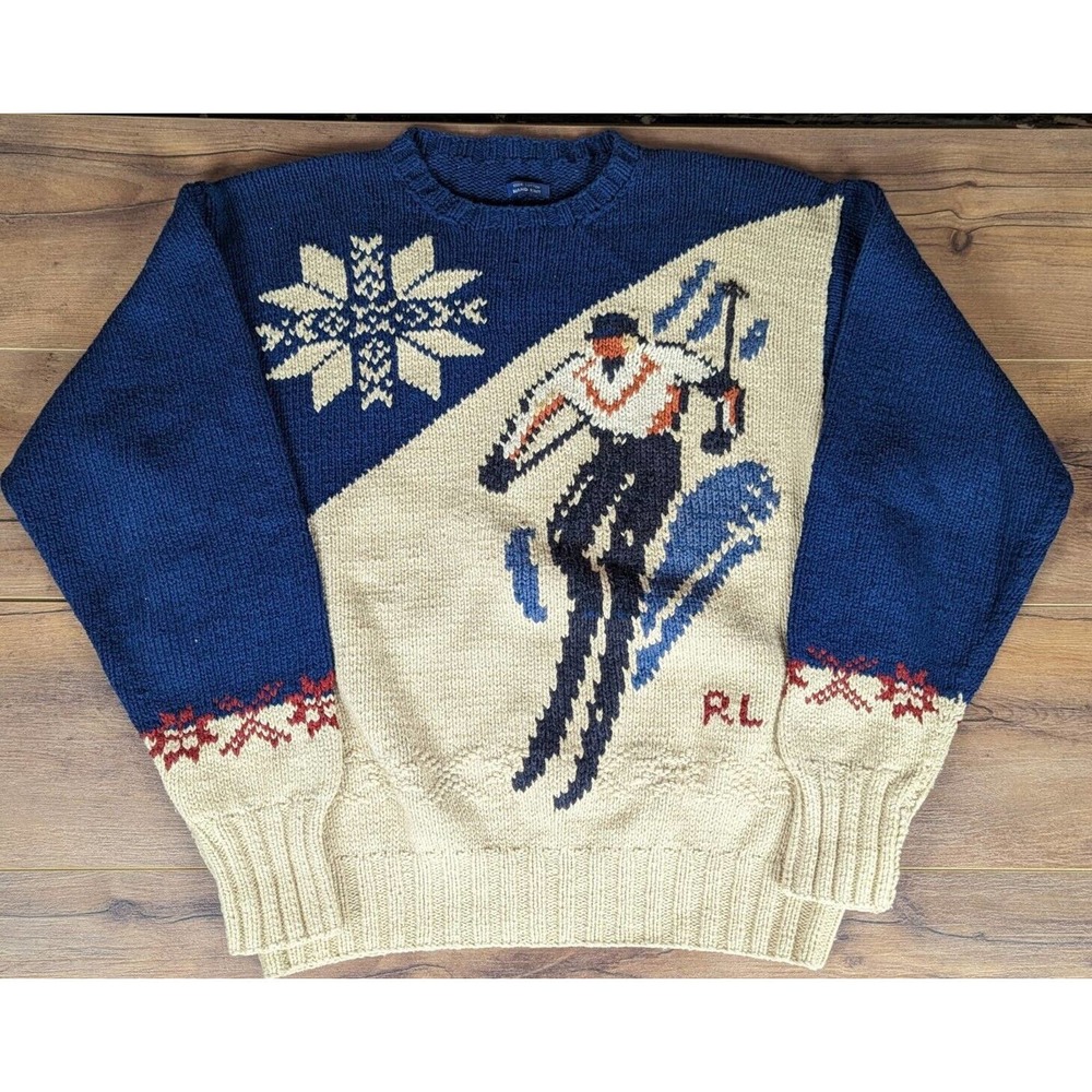 Vintage 80s Ralph Lauren Polo Ski Sweater Skier Hand Knit Large